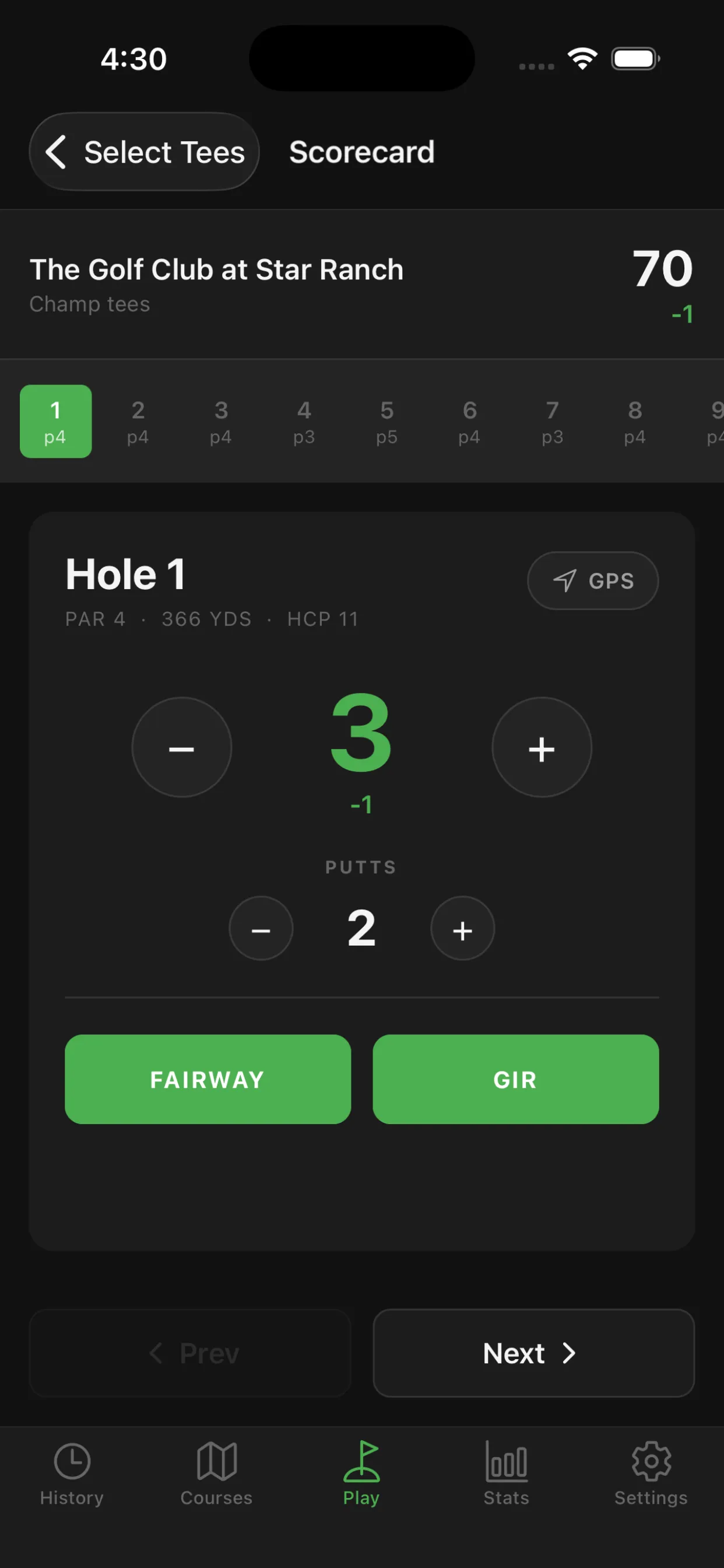 BirdieLab scorecard screen