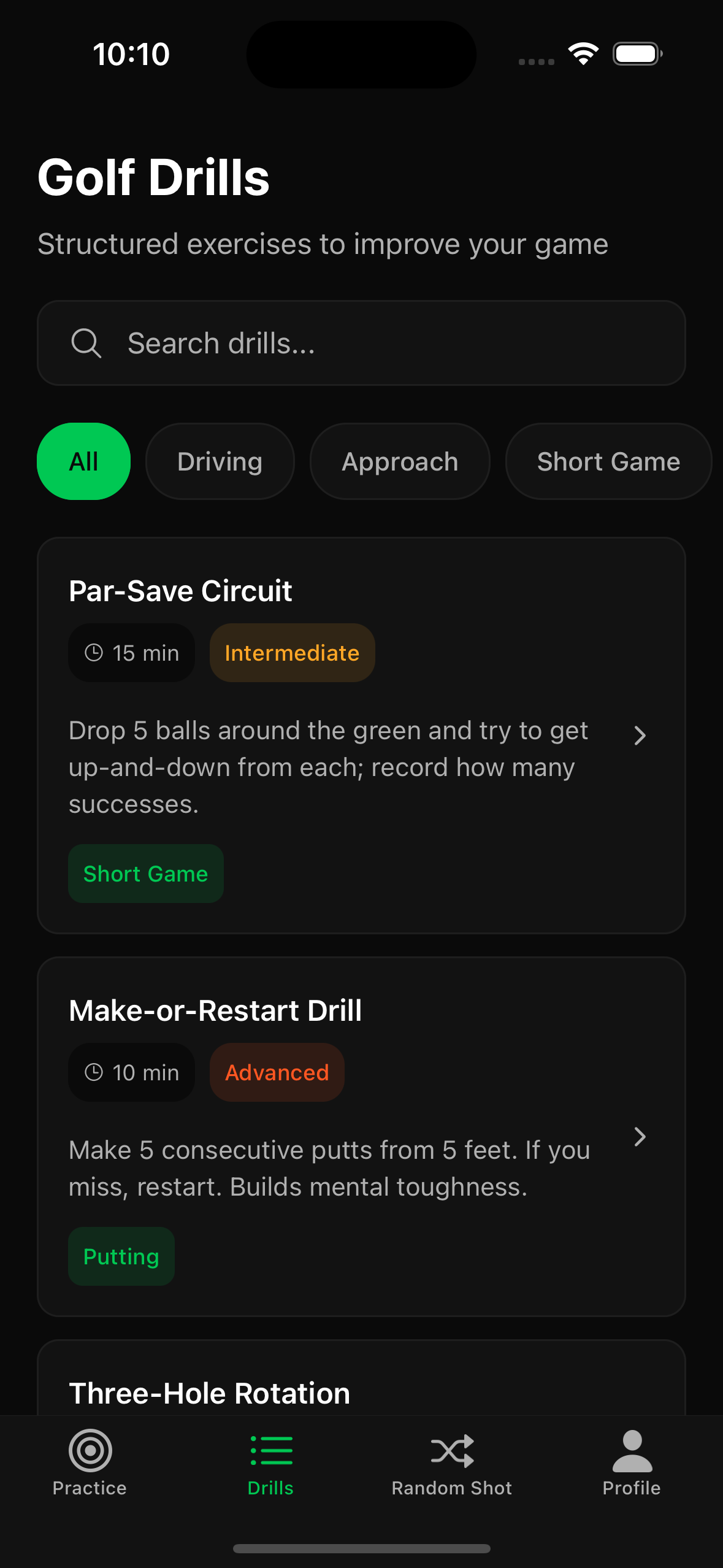 BirdieLab Golf Drills - Browse and search through structured exercises like Par-Save Circuit and Make-or-Restart Drill
