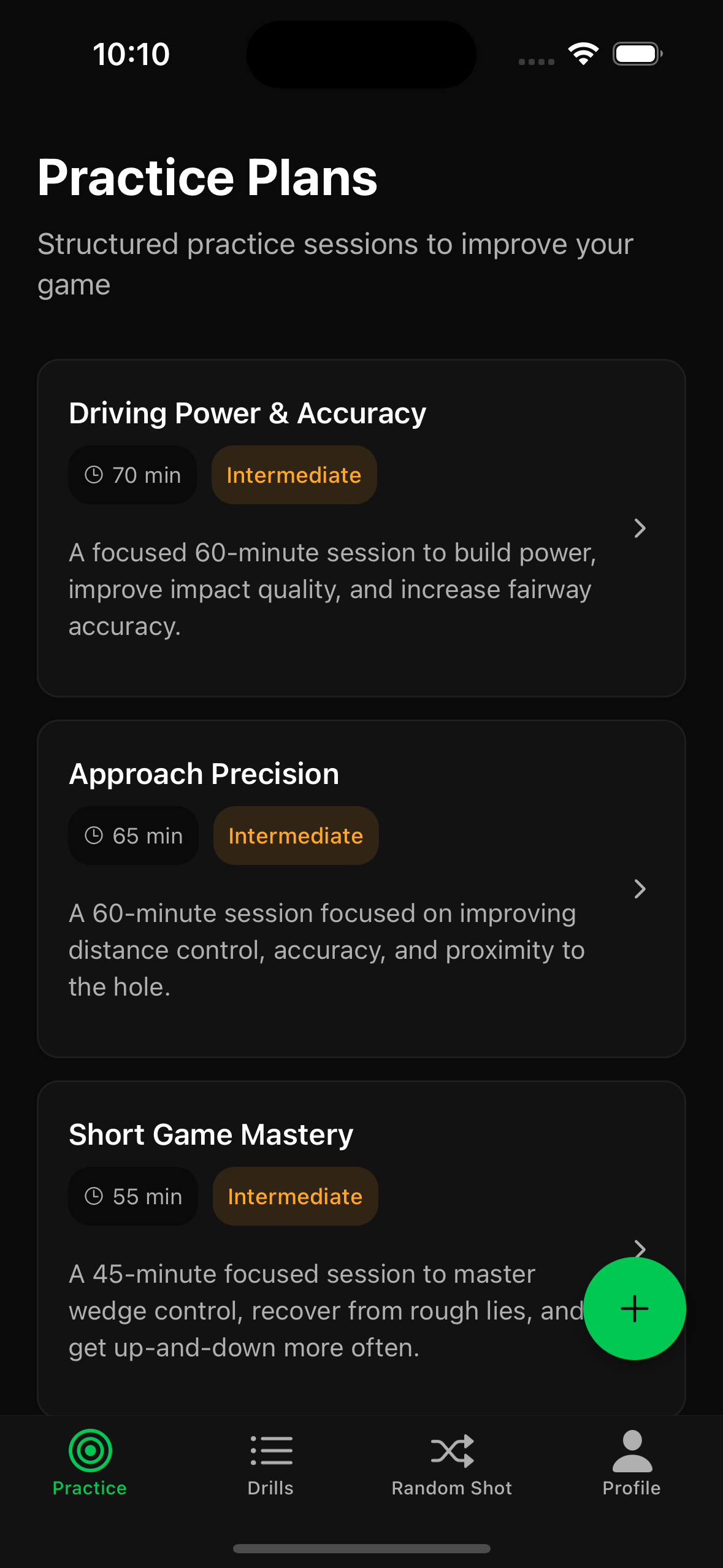 BirdieLab Practice Plans - Structured practice sessions including Driving Power & Accuracy, Approach Precision, and Short Game Mastery