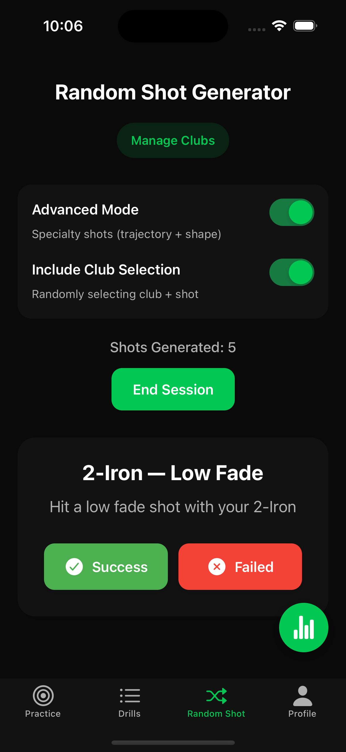 BirdieLab Random Shot Generator - Practice with randomly generated shots including advanced mode and club selection options